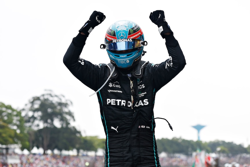 George Russell celebrates winning the Sao Paulo Grand Prix