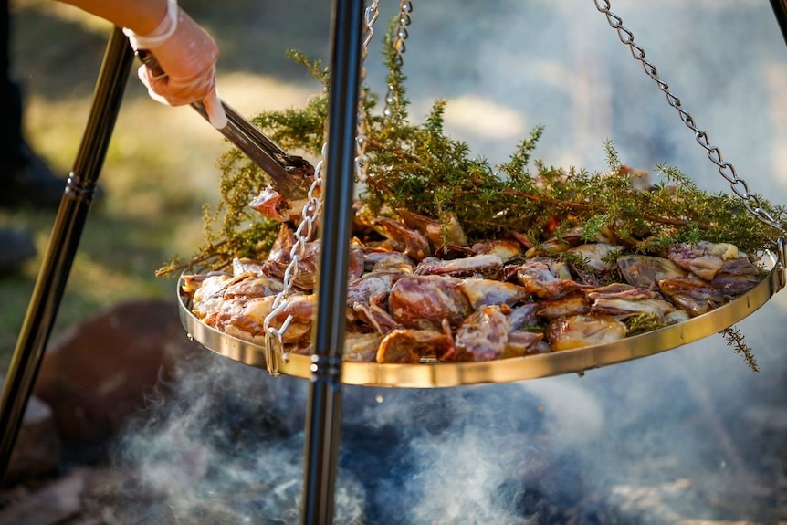 mutton bird cuts being roasted over an open fire in a big flat round pan with a full branch of Tasmanian saltbush leaves