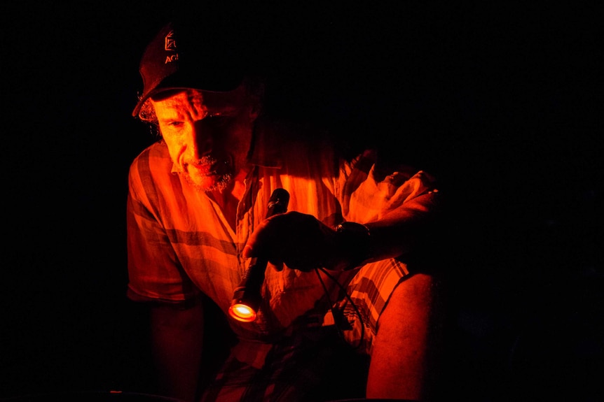 Professor Peter Harrison watching coral spawn under red light.