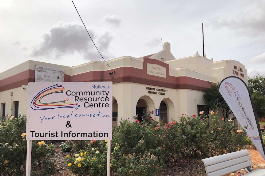 Mullewa Community Resource Centre on an overcast day with banner
