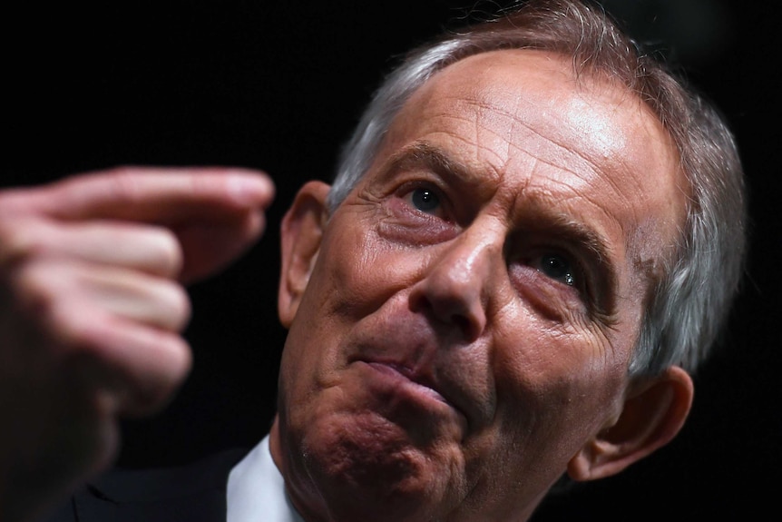 Former British Prime Minister Tony Blair delivers a keynote speech at a pro-Europe event in London.