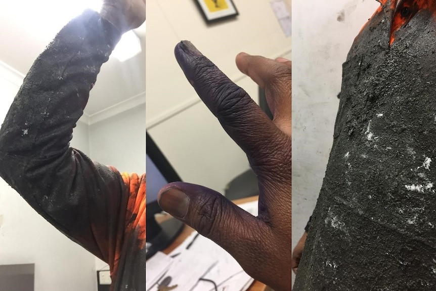 Three photos showing an air, finger, and jacket covered in black chemicals.