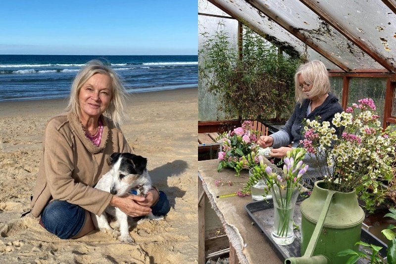 Composite of woman sitting on the beach with a small dog on lap and making floral arrangement