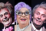 A composite image of Barry Humphries as three different characters.