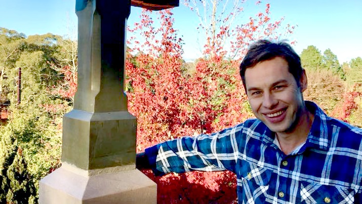 German stonemason Christian Frenzel at a church in the Adelaide Hills.