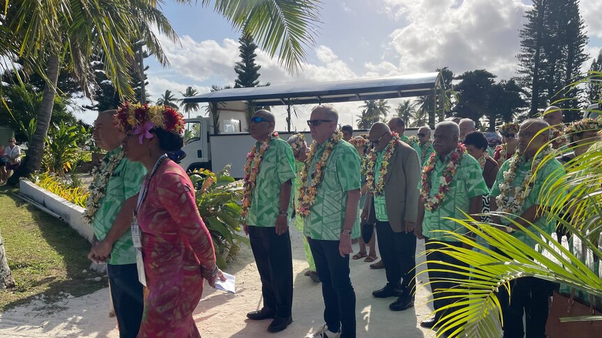Anthony Albanese and other Pacific leaders wear green shirts and flower necklaces as they stand in a group in sunlight.
