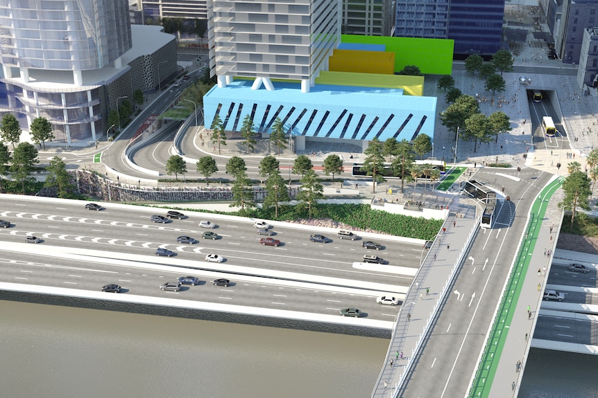 A concept image showing Victoria Bridge and Adelaide Street with the proposed tunnel