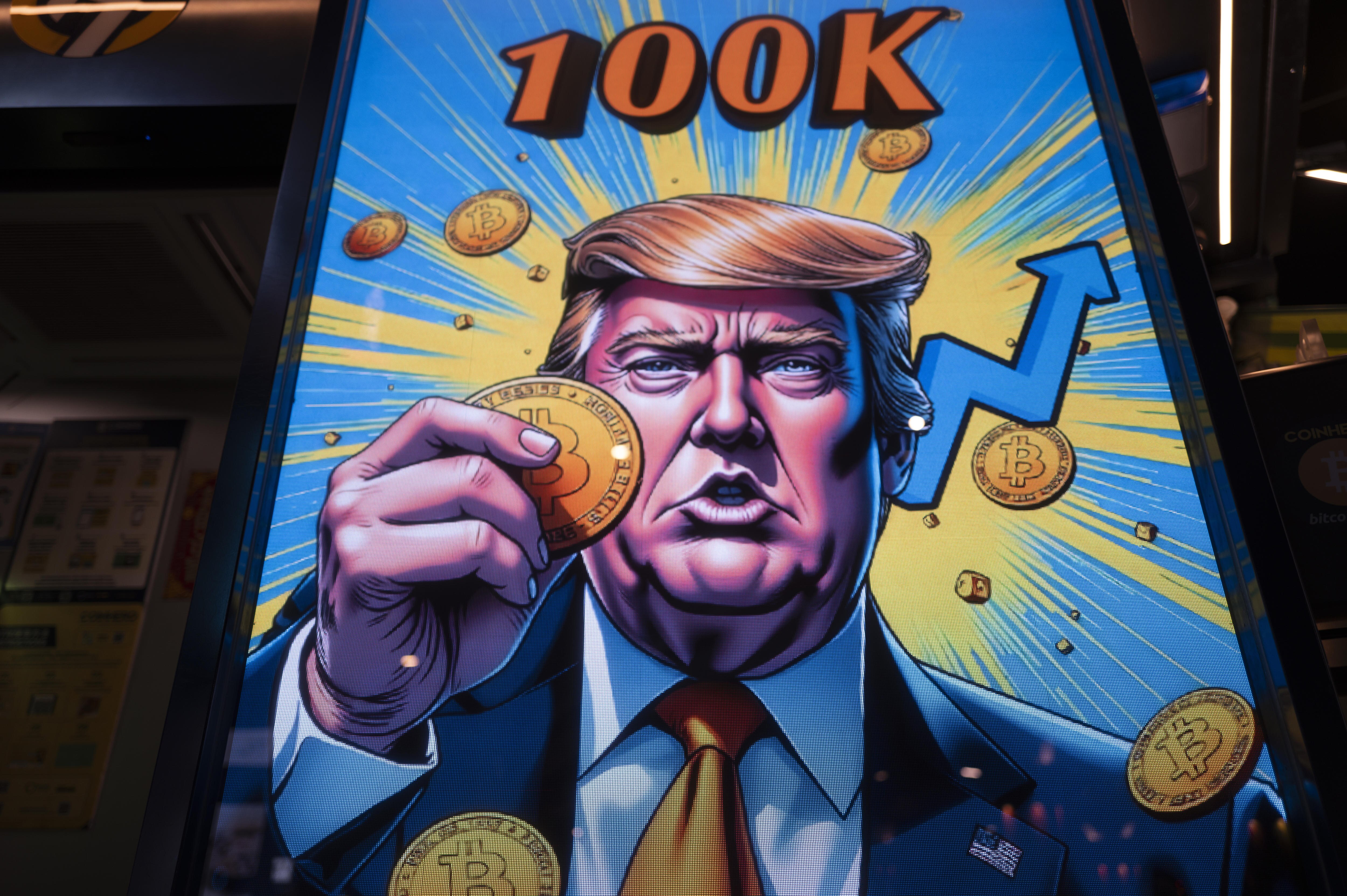 A cartoon image of Donald Trump holding a Bitcoin token