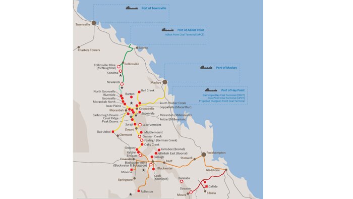 Map of coal mines and ports in central Queensland