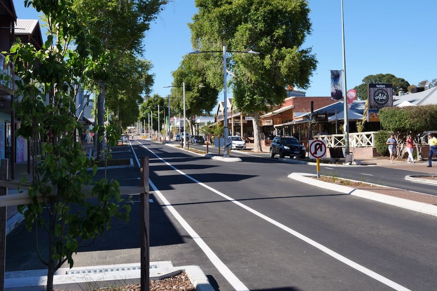 A wide spacious street, there are trees and shops lining the street, it's a sunny day