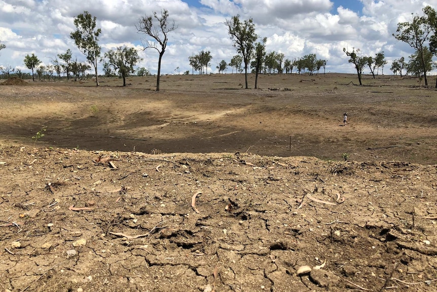 Cracked and brown parched land in the foreground, behind it an empty dam on a property.