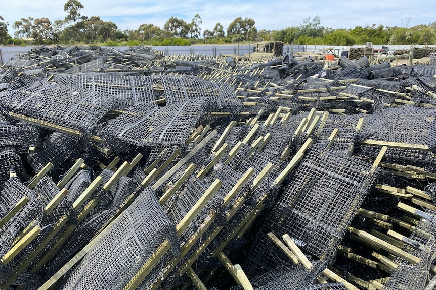 Discarded plastic oyster baskets in a yard.