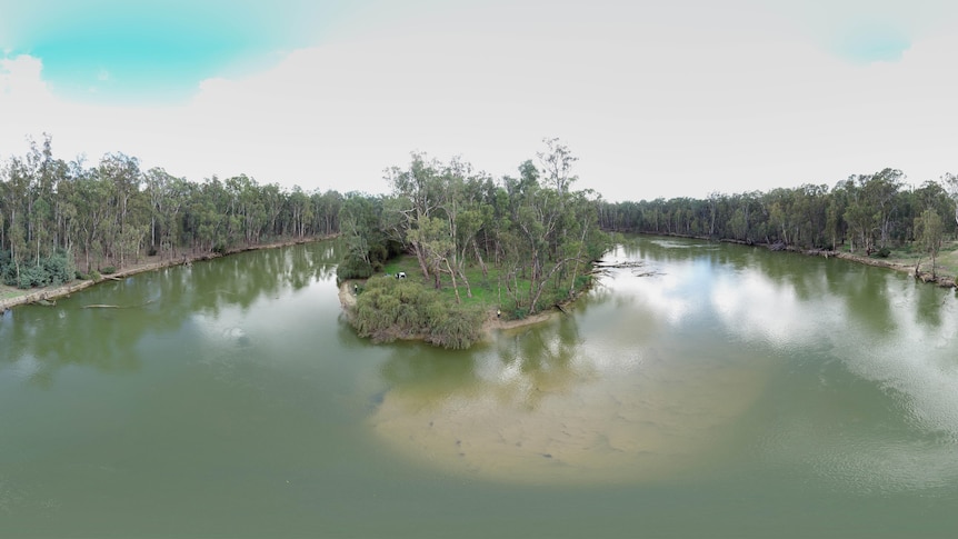 An island in a river with sand visible in front of it underneath the water.