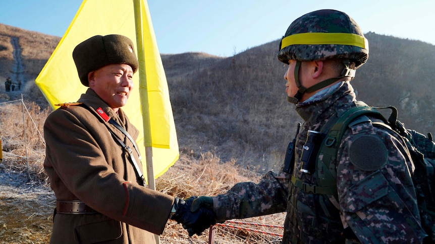 North and South Korean soldiers shake hands.