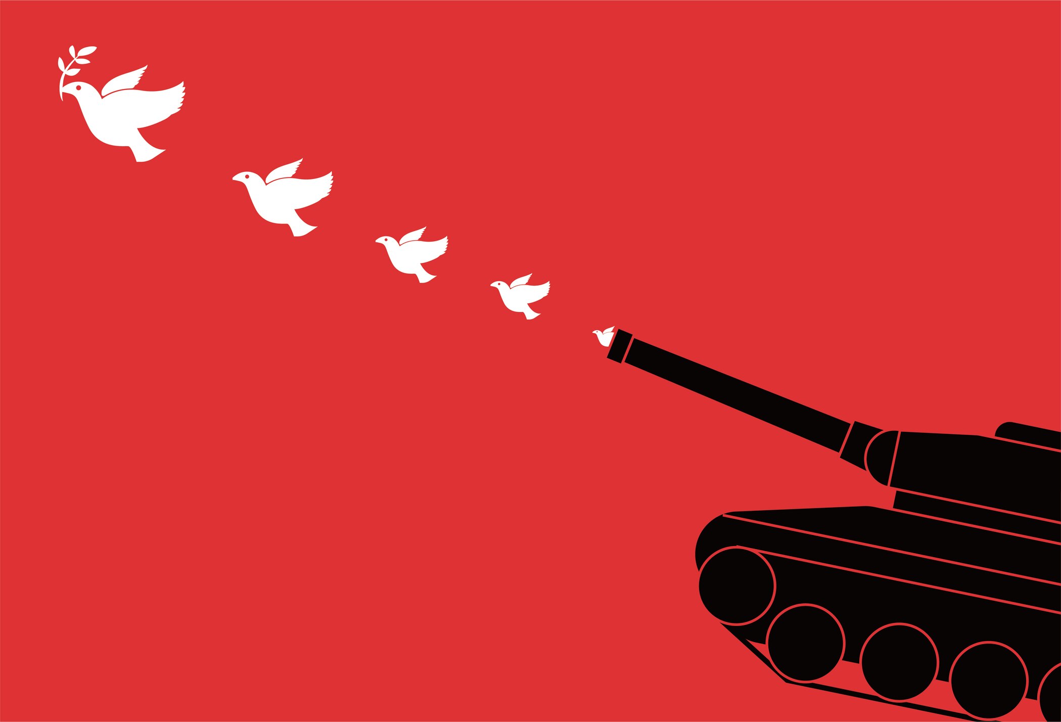 An illustration featuring peace pigeons flying out of tank cannon