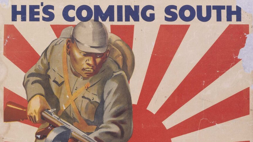 He's Coming South - It's fight, work or perish. Poster depicts a Japanese soldier standing on a globe.