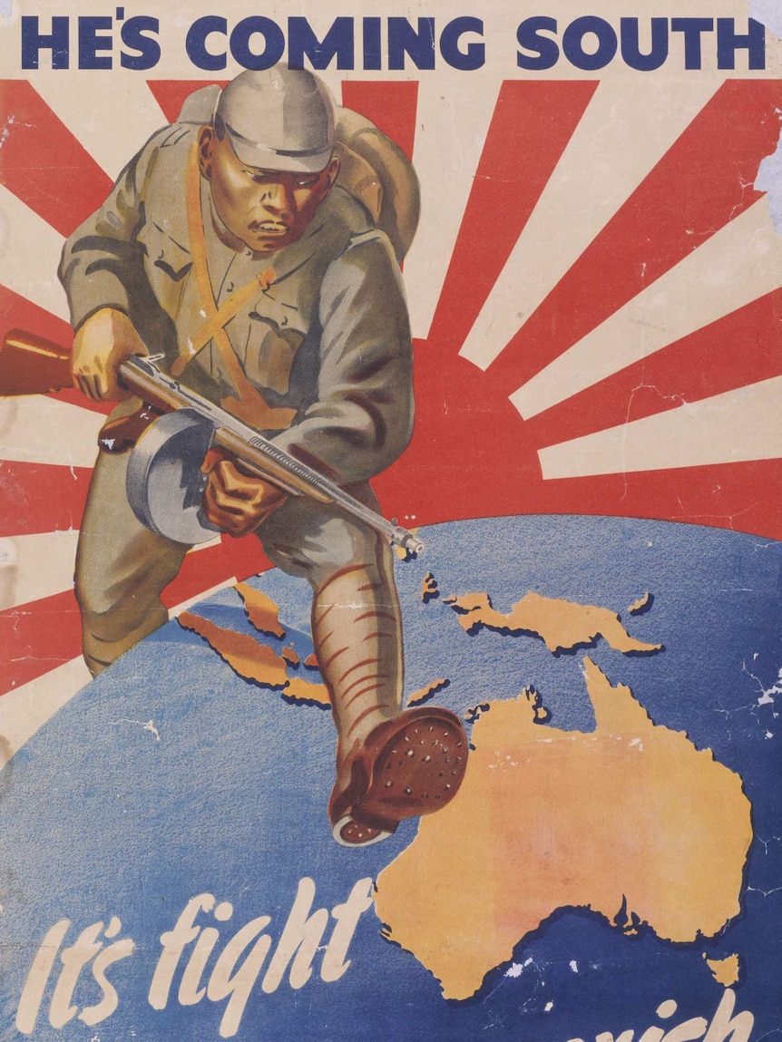 He's Coming South - It's fight, work or perish. Poster depicts a Japanese soldier standing on a globe.