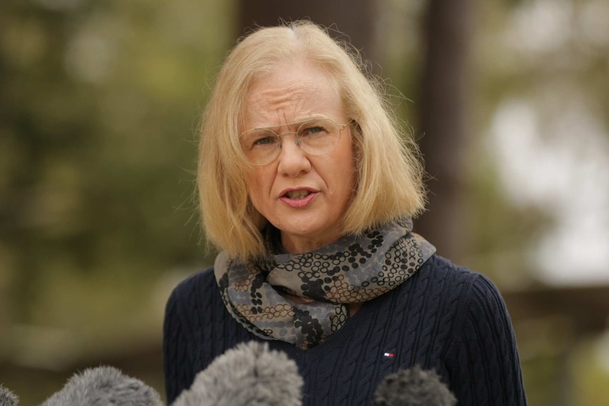 The Chief Health Officer speaking at a press conference with a concerned expression