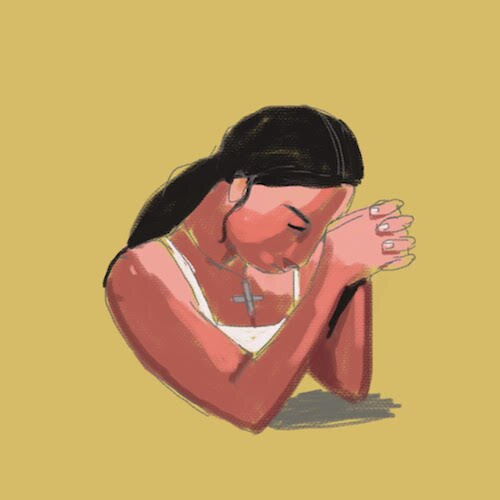 An illustration shows a woman wearing a cross necklace, her head bowed in prayer.