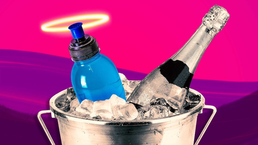 A sports drink bottle with a halo in an ice bucket next to a bottle of champagne - will the sports drink help with a hangover?