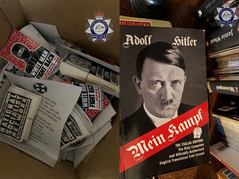 A box filled with neo-Nazi material such as leaflets and cards, and a copy of Mein Kampf with Adolf Hitler's face on it.