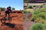 a split image showing a child riding on the new BMX track and it later covered in weeds