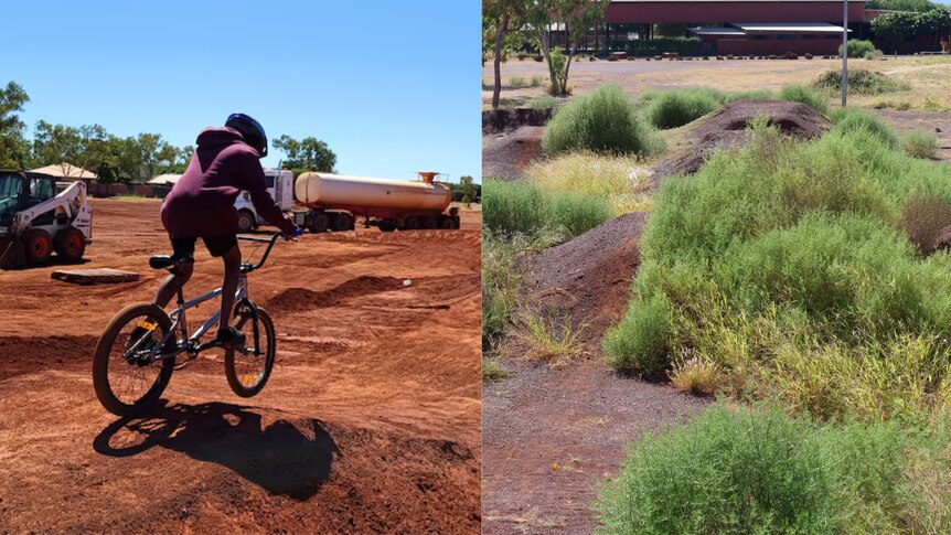 a split image showing a child riding on the new BMX track and it later covered in weeds