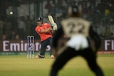 England's Jason Roy hits down the ground against New Zealand at the World Twenty20 in New Delhi.