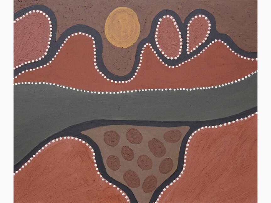 An Indigenous painting showing mountains.