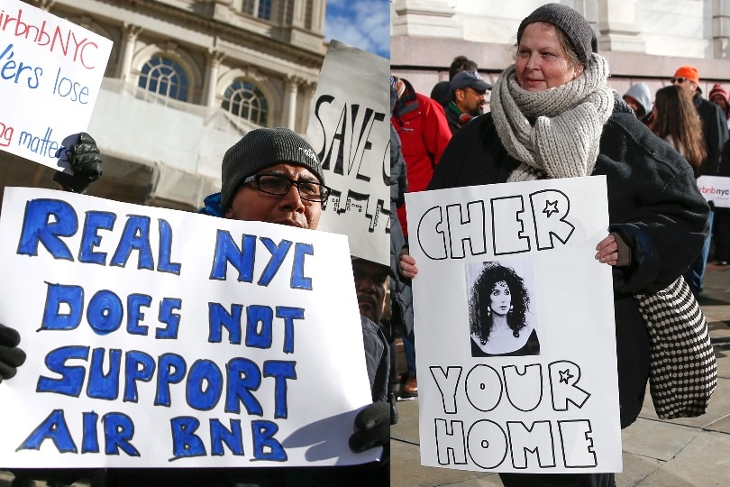 A composite of a man holding an anti-Airbnb sign at a rally, with a photo of a woman holding a pro-Airbnb sign at a rally.