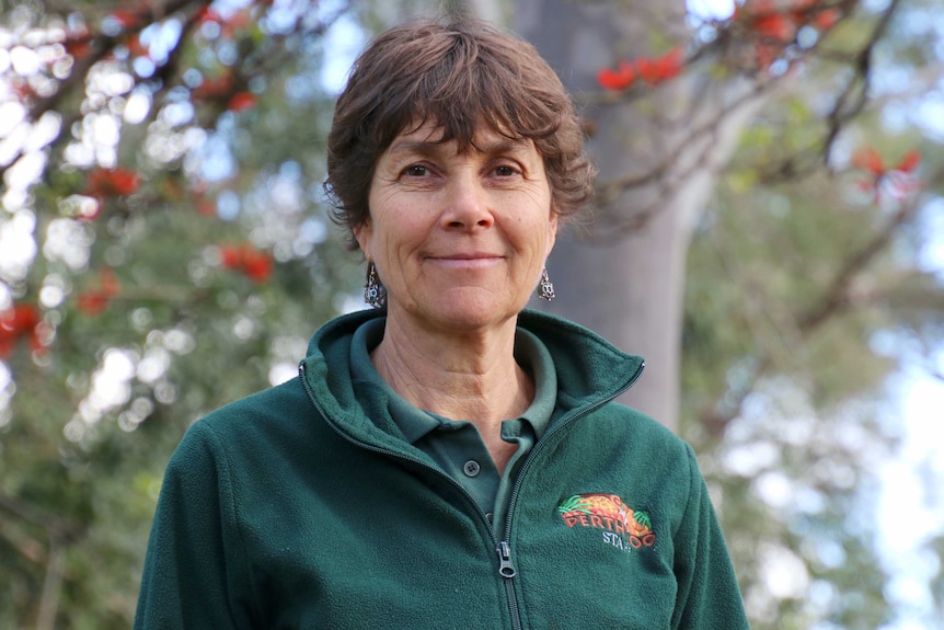 A mid-shot of Perth zookeeper Lesley Shaw standing outdoors in front of trees wearing a green jumper.
