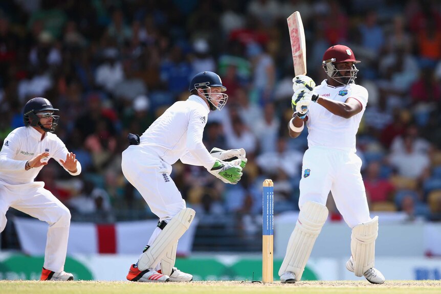 Darren Bravo of the West Indies pulls a delivery to the boundary
