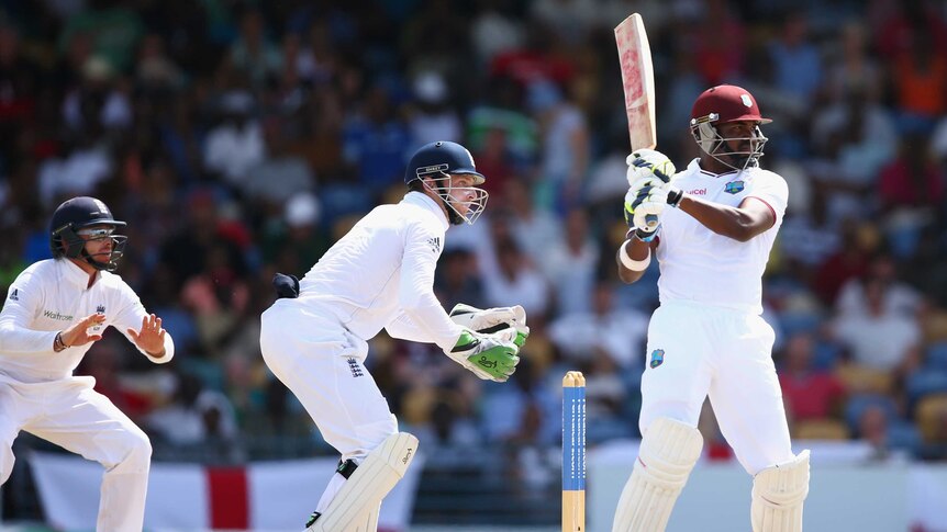 Darren Bravo of the West Indies pulls a delivery to the boundary