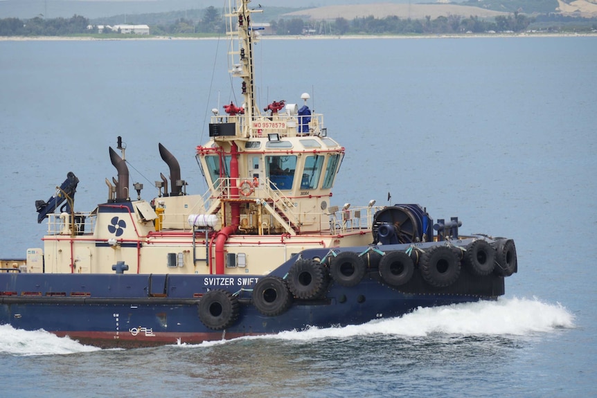 A tugboat in Sydney Harbour before the strike started at midday