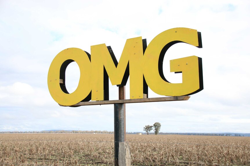 'OMG' sign on farmland at the Liverpool Plains in north-west NSW.