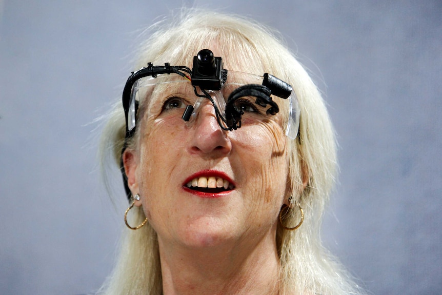 Dr Dianne Ashworth wearing a part of her bionic eye device