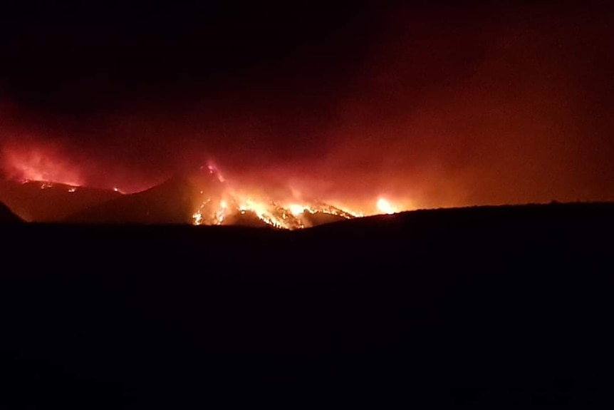 A large fire burns up a hill at night-time.