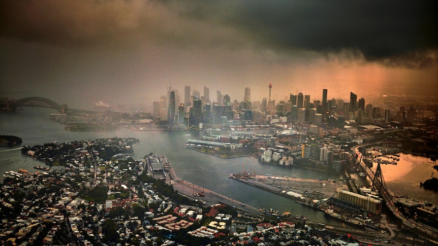 Sydney skyline with storm.