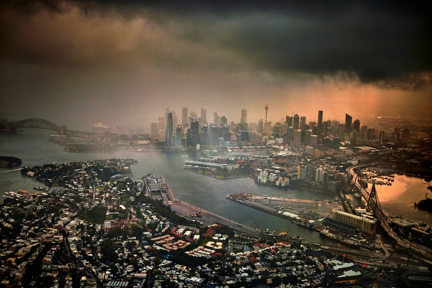 Sydney skyline with storm.