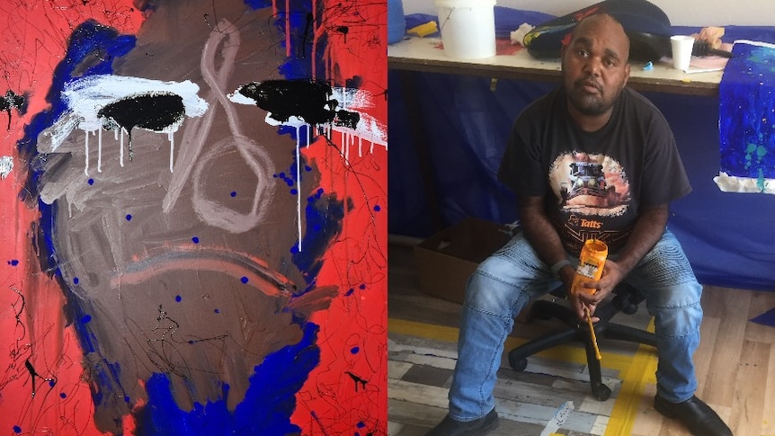 Composite of an abstract self portrait and an Indigenous man holding a container of paint seated wearing a black shirt and jeans