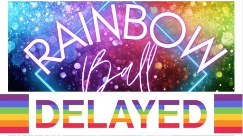 A rainbow-coloured sign advertising the cancellation of an event.