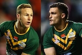 Composite image of Australian Kangaroos Daly Cherry-Evans and Nathan Cleary passing at the Rugby League World Cup.