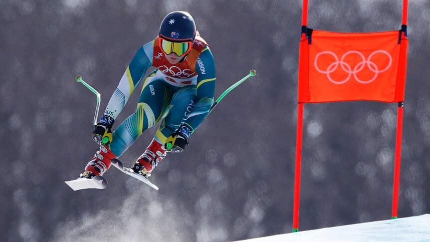 Greta Small competing in the women's downhill at the 2018 Olympic Winter Games.