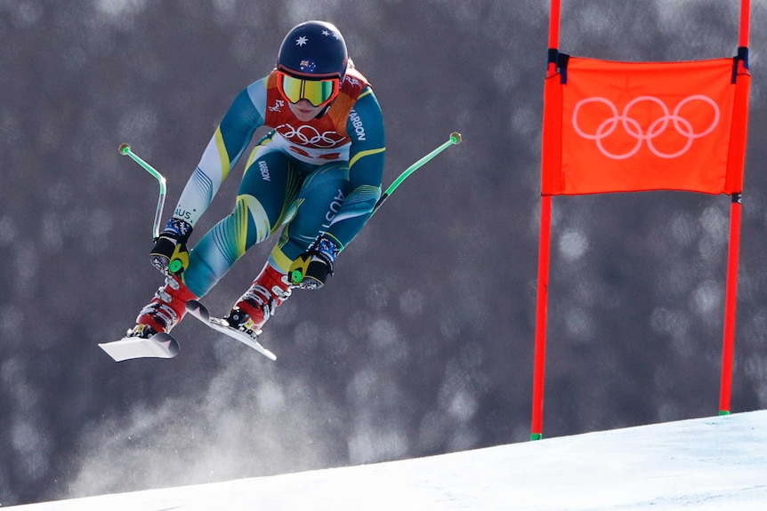 Greta Small competing in the women's downhill at the 2018 Olympic Winter Games.