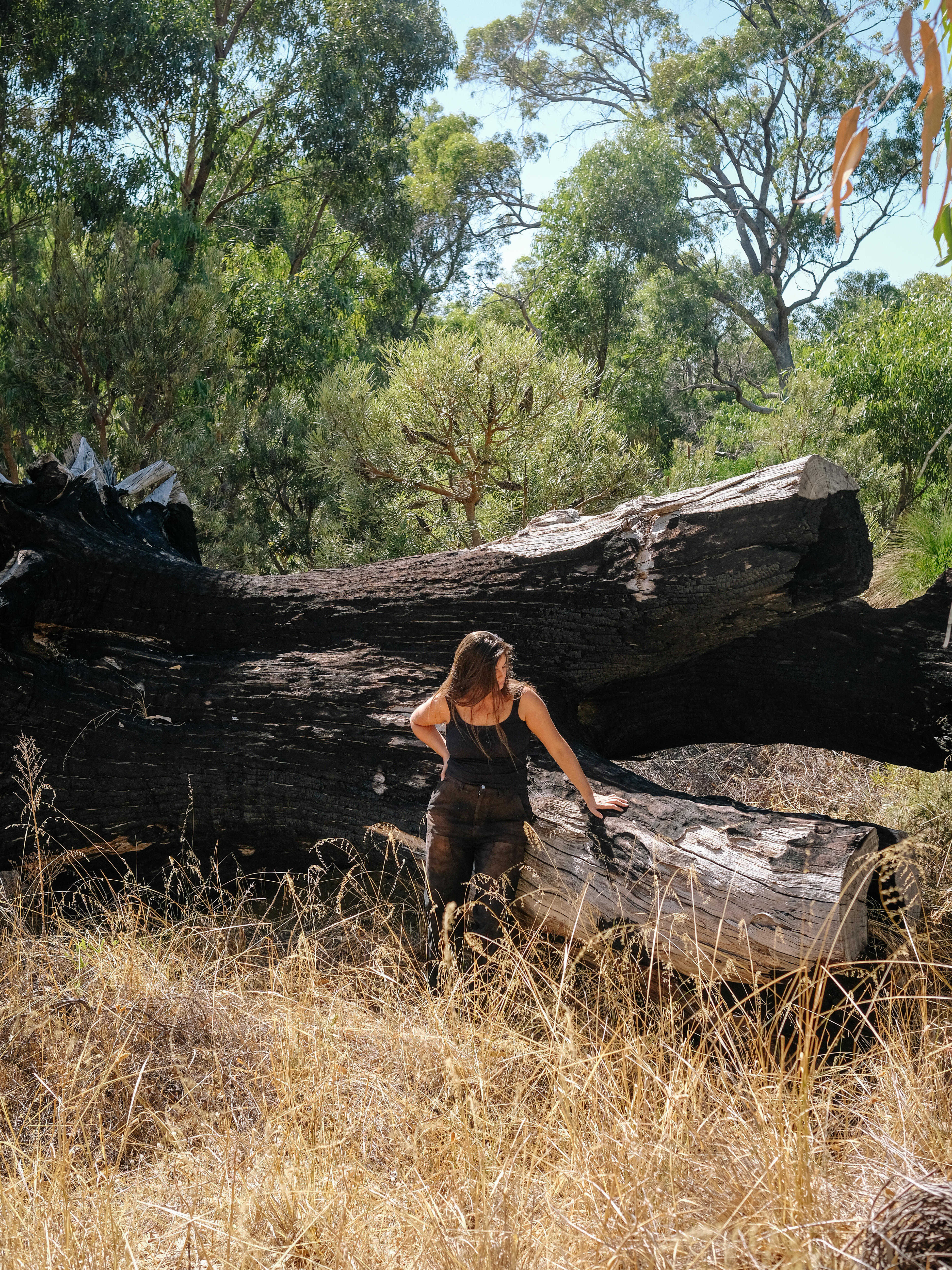 Woman wearing black stands next to a fallen, burnt tree, in bright sunshine 