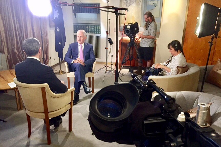 ABC camera operator and sound recordist at interview with former PM Malcolm Turnbull.