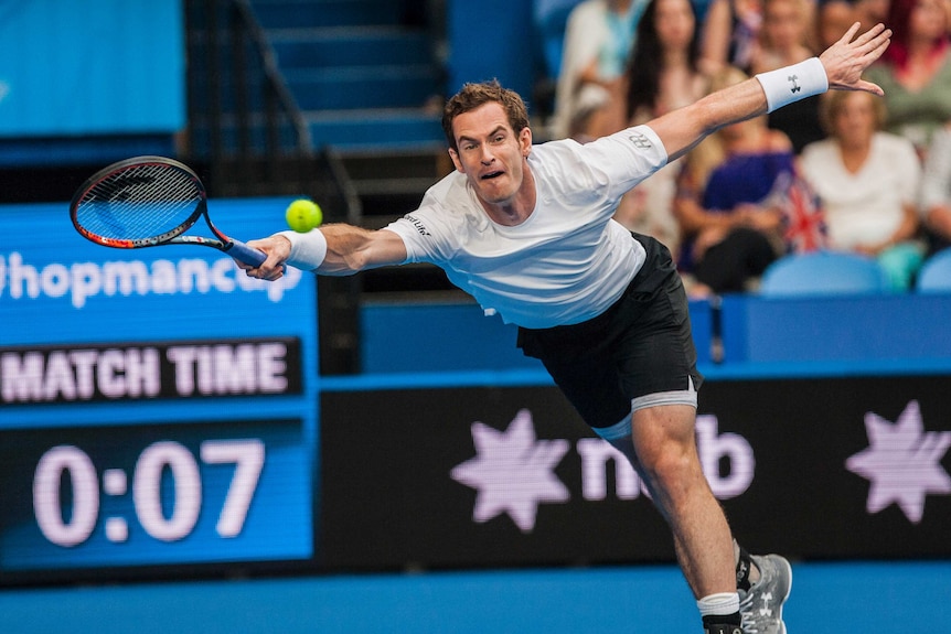 Andy Murray stretches for a forehand at the Hopman Cup