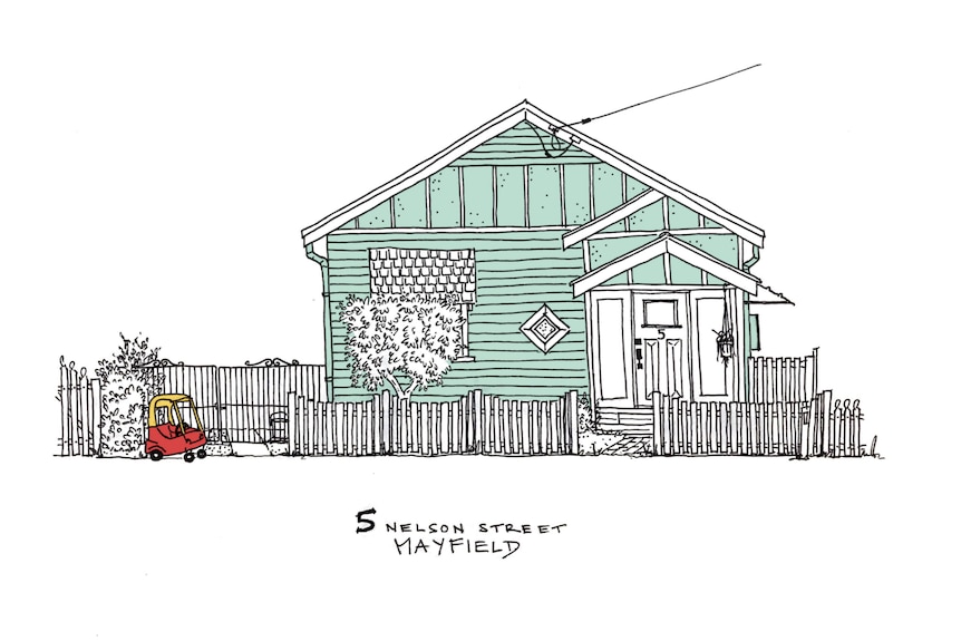 A pencil drawing of a weatherboard home coloured aqua