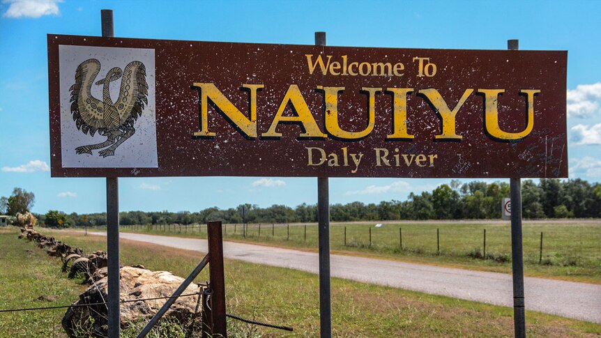 A welcome sign to the community of Nauiyu, or Daly River in the NT.