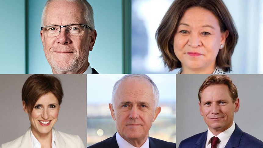 From left to right: Justin Milne, Michelle Guthrie, Emma Alberici, Malcolm Turnbull and Andrew Probyn.